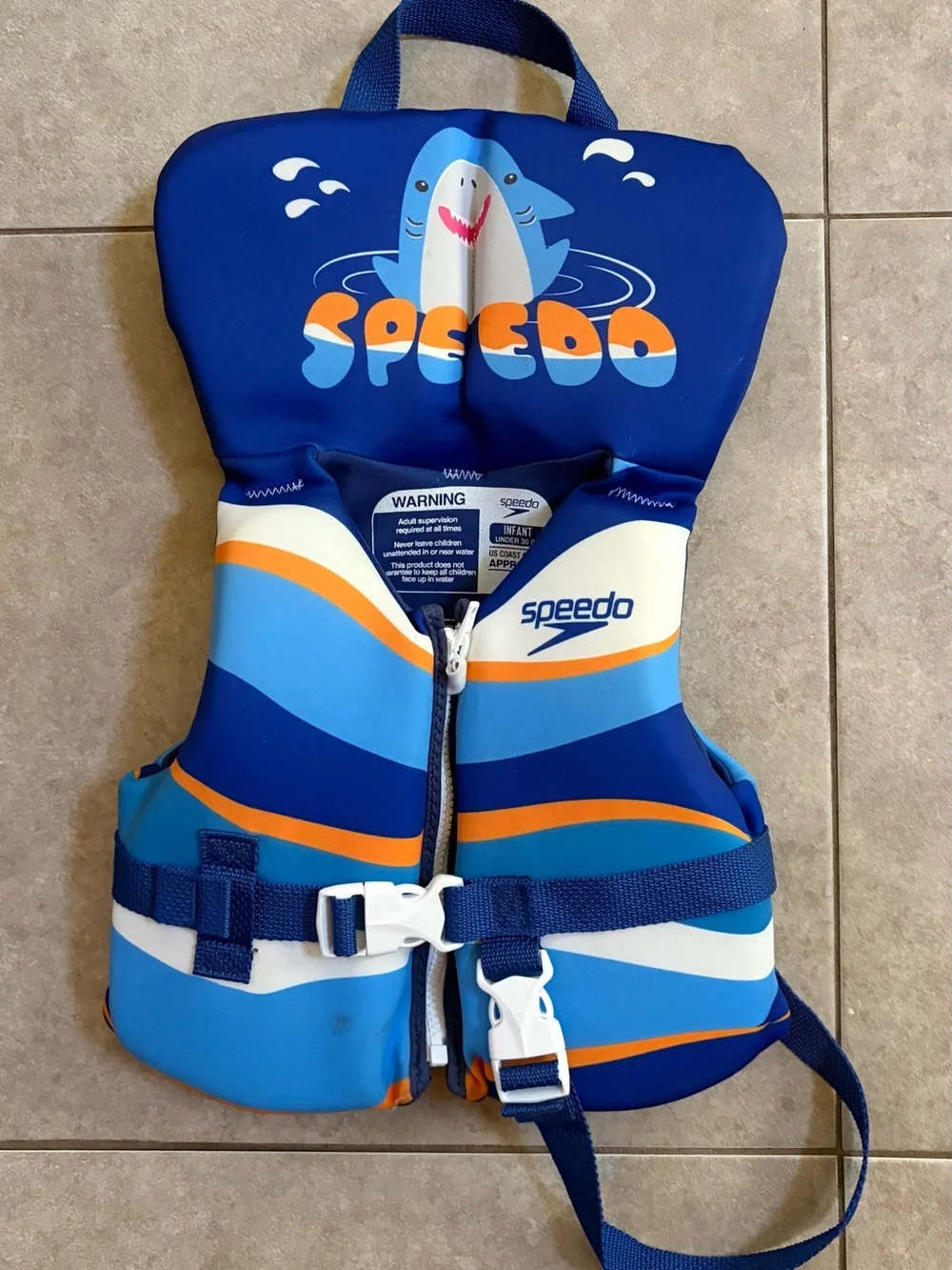 Speedo Infant Aquaprene Life Jacket Vest featuring a blue shark graphic